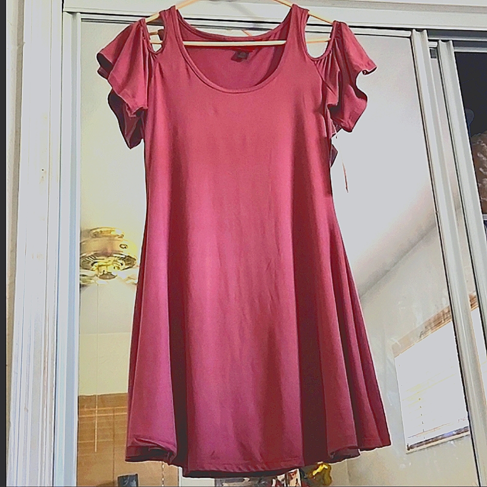 Off the shoulder, short medium-sized dress. Casual